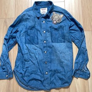 Jean button up w/ leopard patch - TBD B